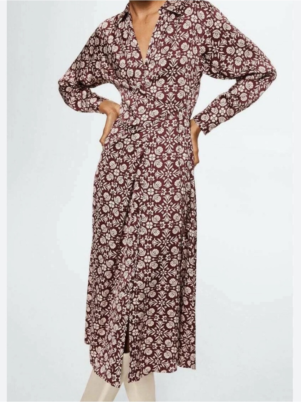 MANGO Floral Print Burgundy Midi Shirt Dress